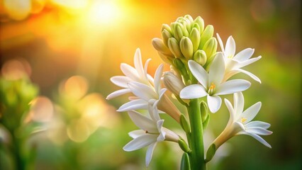 Fototapeta premium Mexican Tuberose flower in full bloom, Mexican, Tuberose, flower, bloom, white, petals, fragrance, tropical, garden, botanical