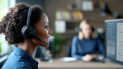 Customer support agent with headset assisting remotely, warm and welcoming ambiance, helpdesk, customer service