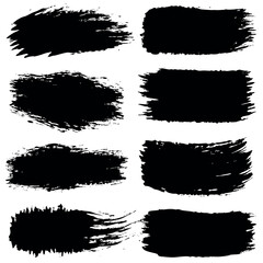 Black brush strokes collection on white background, artistic design elements. Bold, thin, delicate strokes,  splatters, random brush shape arrangement.
