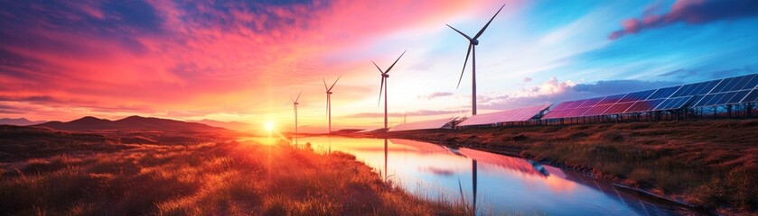 Obraz premium A breathtaking sunset over wind turbines, reflecting in a tranquil river, showcasing renewable energy and natural beauty.