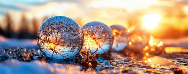 Obraz premium Vibrant sunset reflects in crystal spheres, creating a magical winter scene of nature's beauty and shimmering light.