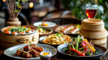 Obraz premium Colorful Chinese dishes with appetizing presentation under beautiful lighting