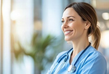 Close-up of healthcare worker s face in profile, smiling, warmly lit background, compassion, care