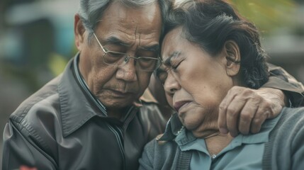Fototapeta premium Old husband comforting wife due to her loss. Funeral support and grief concept in a poignant scene.