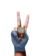 two finger peace sign painted with san marino flag colors isolated on white background