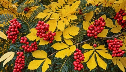 Fototapeta premium Vibrant autumn foliage with red berries