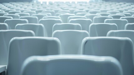 Obraz premium A serene view of empty white theater seats in a minimalist indoor stage auditorium, highlighting simplicity and cultural ambiance.