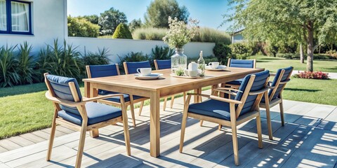 Obraz premium Mesa y sillas de madera en un jardín soleado