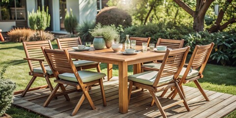 Mesa y sillas de madera en un jard&iacute;n soleado