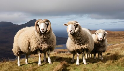 Fototapeta premium Peaceful pastoral scene with three sheep on a hillside