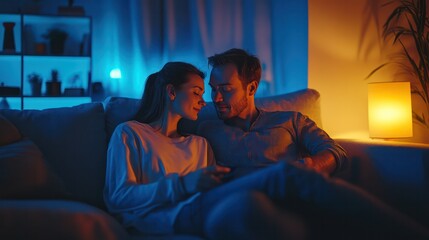 Naklejka premium A couple enjoying a calm evening while folding laundry together, sharing a quiet moment in their cozy living room
