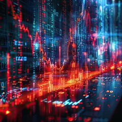 Price plummet, holographic business impact, futuristic financial crisis, dark digital visualization