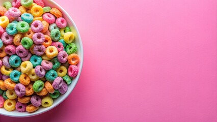 Obraz premium Colorful cereal on a pink background, cereal, colorful, breakfast, food, vibrant, bright, colorful, pink, background, fun