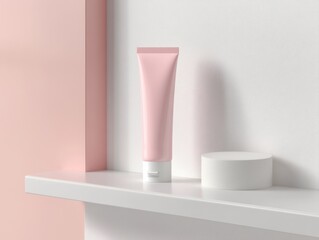 Pink toothpaste tube mockup on minimalist bathroom shelf
