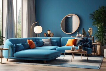 Interior design of modern living room with blue sofa and gray armchair