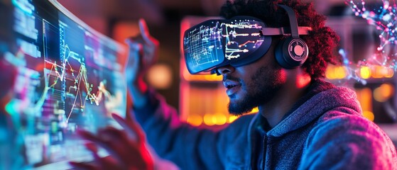 Naklejka premium A person wears a virtual reality headset, interacting with colorful digital graphics and data in a tech-savvy environment.