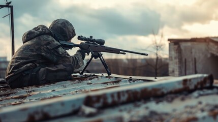 Obraz premium army rangers sniper at work with rifle.