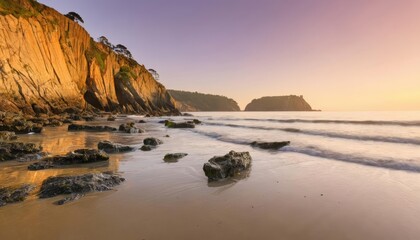  Tranquil beach at sunset with rocky cliffs and gentle waves