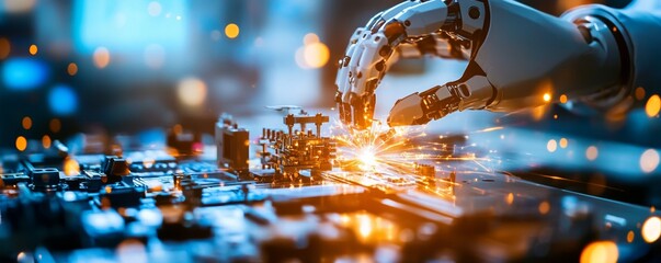 A robotic hand delicately interacts with a circuit board, showcasing advanced technology and innovation in electronics.