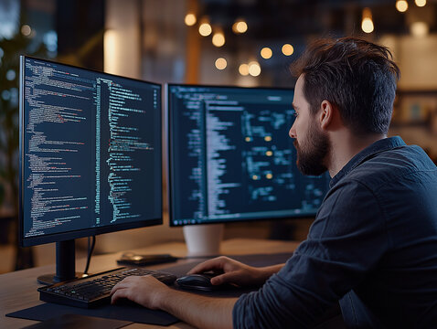 A software developer writing code on a dual-monitor setup, with one monitor displaying complex data models, while sitting at a sleek, ergonomic desk in an open-plan office