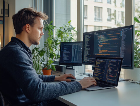 A software engineer typing code on a laptop at a clean, minimalist desk, with a second monitor displaying real-time data analysis, and sunlight streaming in through the office windows