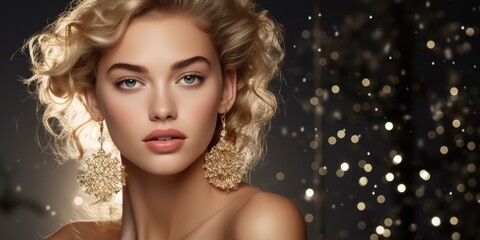 Glamorous Woman with Sparkling Earrings Against Bokeh Effect Background