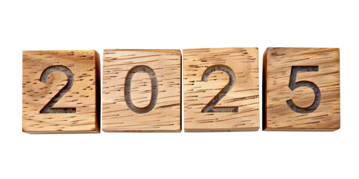 Happy new year 2025, wood blocks with numbers, isolated on transparent background