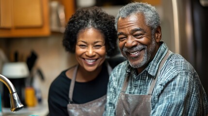 Obraz premium A middle-aged Black couple shares a laugh while washing dishes, turning a routine task into a bonding experience.