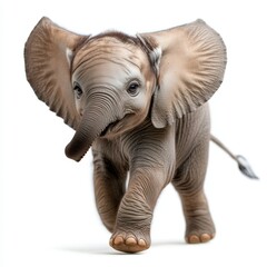 Fototapeta premium A playful baby elephant joyfully running, showcasing its endearing features and charming personality in a pristine environment.