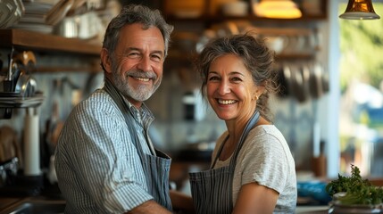 A middle-aged couple is washing dishes at home, their smiles reflecting the warmth of their partnership.