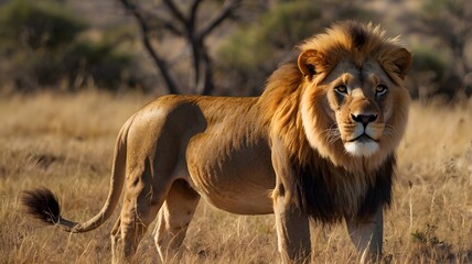 Standing tall in the grassy field, I am the king of the savannah. My powerful presence demands respect