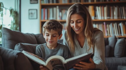 Obraz premium A mother and son organizing their home library, placing books and magazines in order, creating a tidy and inviting reading corner