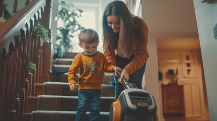 A mother and son vacuuming the stairs, both carefully cleaning each step, sharing the task and the accomplishment.