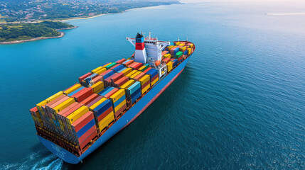 Fototapeta premium Aerial view of a vibrant cargo ship loaded with colorful containers navigating through clear blue waters.