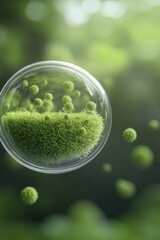 A close up of floating pollen particles in a lush green environment