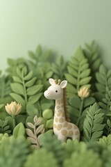 Obraz premium A cute giraffe figurine surrounded by lush green foliage and blooming flowers