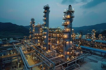 Fototapeta premium Industrial twilight oil refinery in the mountains a symbol of business and travel