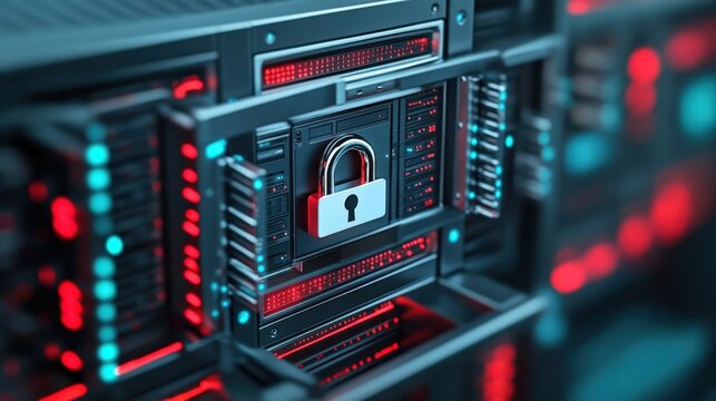 Close-up of a secure server with a digital padlock, representing data protection, cybersecurity, and technology innovation.