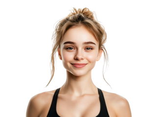 A cheerful young woman with a bright smile, showcasing confidence and positivity in a stylish athletic outfit.