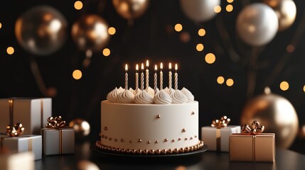 3D illustration, Elegant birthday scene, stylish cake with candles, luxury gift boxes, and a sophisticated greeting card