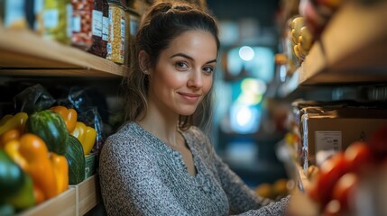 A woman quickly putting away groceries, organizing her pantry with a sense of accomplishment -