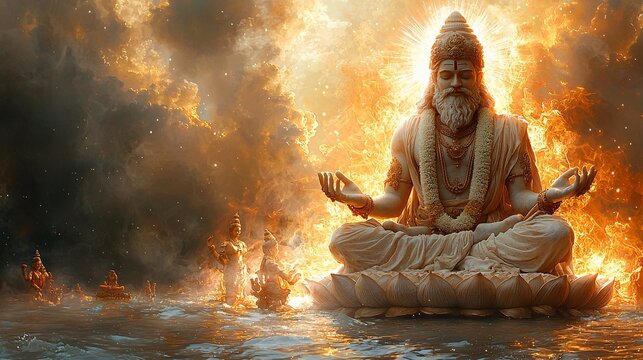 A serene depiction of Brahma meditating on a lotus, with celestial beings offering prayers and divine light radiating from his form.