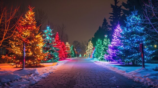 Holiday lights display with synchronized music and dazzling colors. 