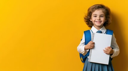 Obraz premium Cheerful schoolgirl with backpack holding blank notebook, standing against bright yellow background, symbolizing education and creativity.