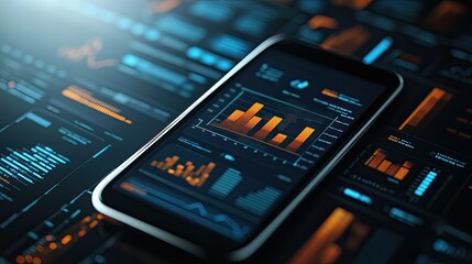 Fototapeta premium A flat lay of a smartphone with digital graphs and charts on the screen, with ample copy space.