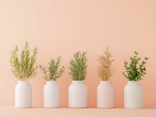 A row of pastel colored vases displaying various green plants against a soft peach background