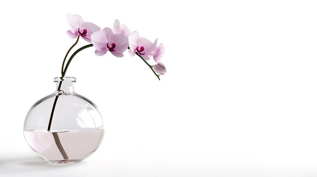 A chic glass vase with a single elegant orchid stem, isolated against a clean white background. 