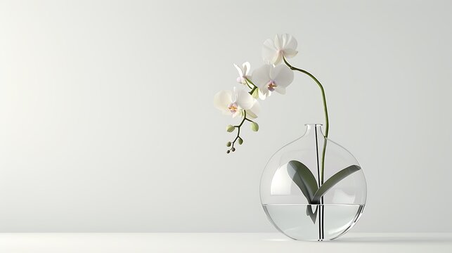 A chic glass vase with a single elegant orchid stem, isolated against a clean white background. 