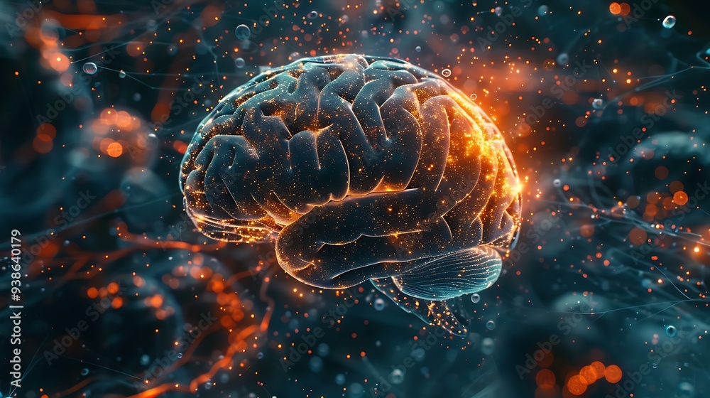 Poster 3d illustration of a digital brain with glowing sparks and lines representing the neural network. th