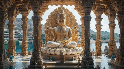 Fototapeta premium A majestic golden statue of Brahma seated in an ornate temple, with intricate carvings and sacred symbols surrounding him.